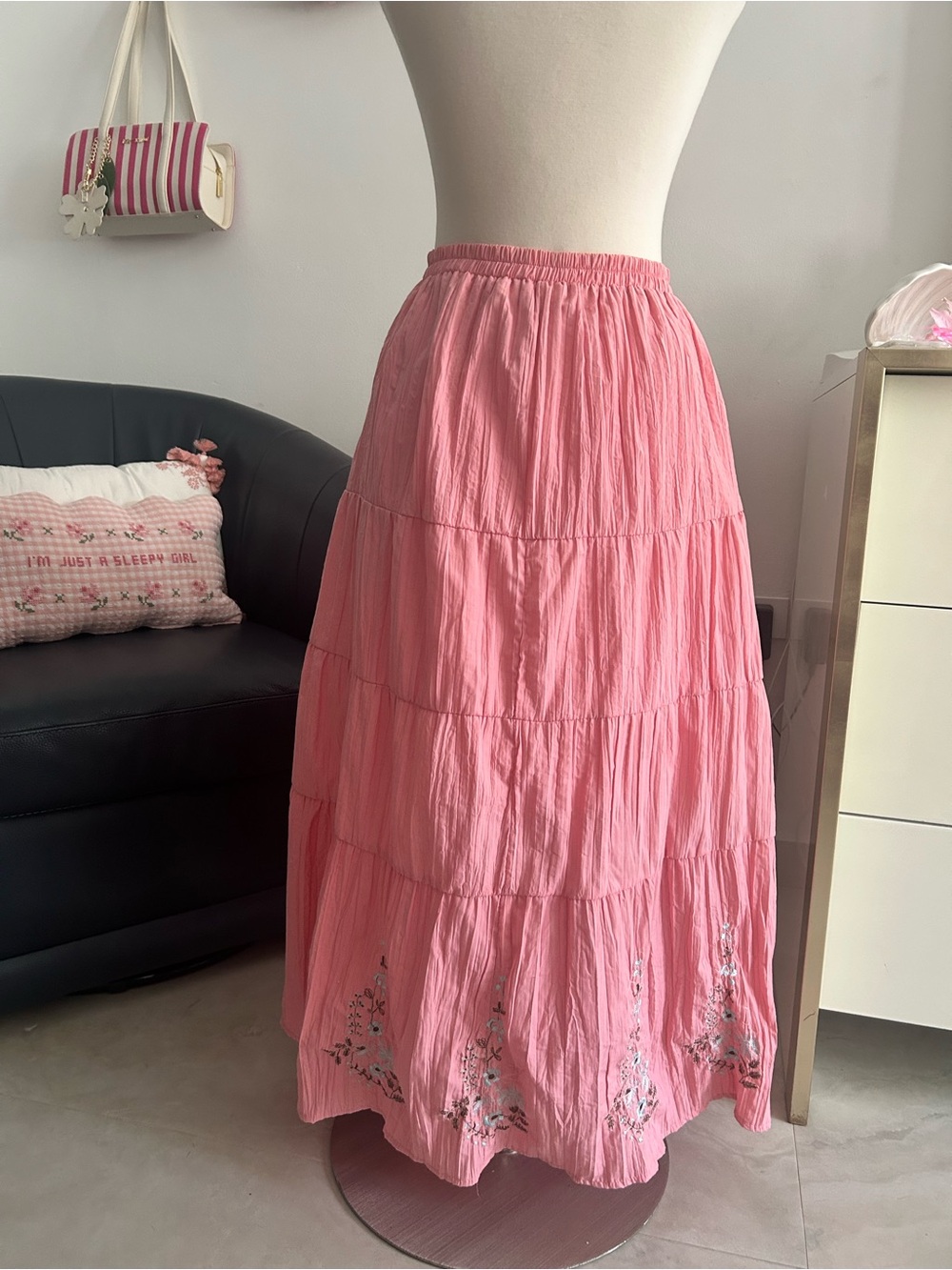Pink Vintage Y2k Tiered Maxi Skirt with Floral Embroidery Fairycore Adjustable - Picture 4 of 5